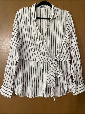 Express White and Purple Striped Wrap Tie Blouse